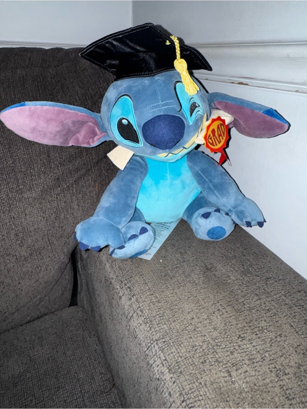 Disney Stitch Graduation Plush in Blue with Pink Ears